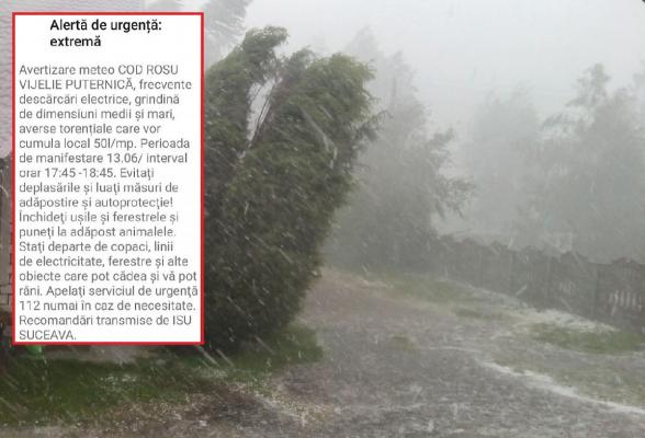 Cod roșu de vijelii și grindină în Suceava. Mesaj RO-Alert de avertizare pentru populație