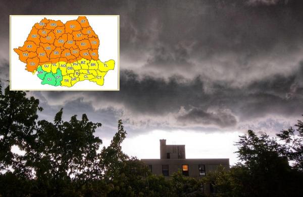 Cod portocaliu de vijelii, ploi torențiale și grindină în mai bine de jumătate de țară, până marți dimineață