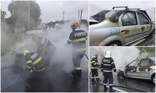 Un Logan a luat foc în mers, la Dobrosloveni. Mașina s-a făcut scrum, a ars în proporție de 90 la sută
