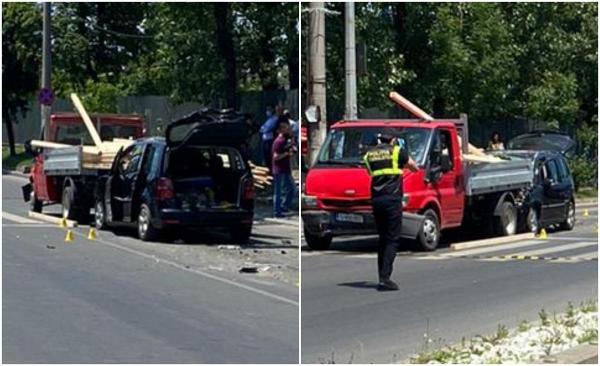 Accident groaznic în Bucureşti. Grinzi din lemn au străpuns maşina unui şofer, după ce a lovit din spate o autoutilitară