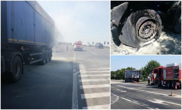 TIR încărcat cu azotat de amoniu a luat foc în Timiș. Un drum naţional este blocat total