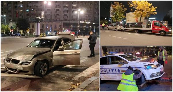 Un BMW a spulberat mașina Poliției, în centrul Bucureștiului. Autospeciala a ajuns într-un panou publicitar