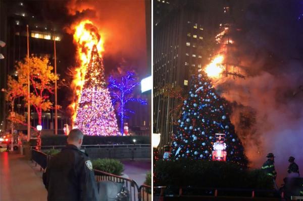 Brad de Crăciun incendiat în Times Square din Manhattan. Flăcări uriașe s-au ridicat la cer din pomul înalt de 15 de metri