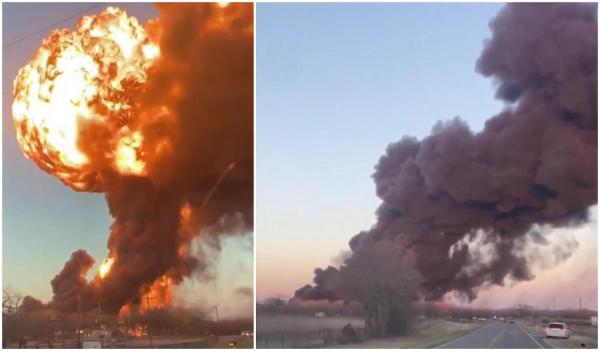Explozie uriaşă în Texas, SUA, după ce un tren s-a ciocnit cu un TIR. 13 din cele 110 vagoane au deraiat după impact