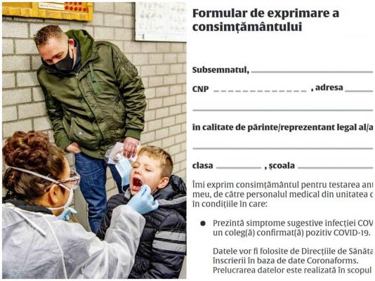 Formular de consimțământ cerut părinților de MS, în prima zi de șocoală, pentru ca elevii să poată fi testați Covid