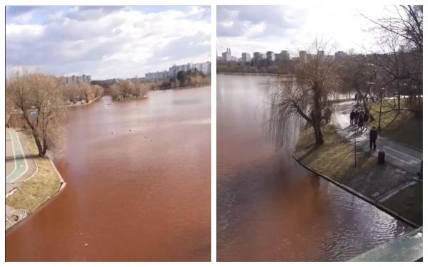 Apa lacului IOR din Capitală s-a colorat în roșu