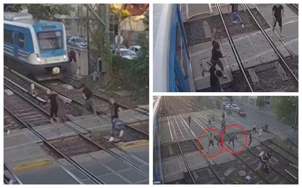 Răfuială între interlopi pe șinele de tren, în Argentina. Un tren evită la limită doi dintre bătăuși