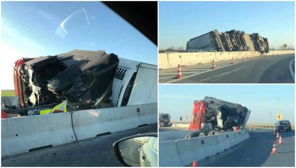Șofer de TIR mort pe A11 Arad - Oradea, tânărul a sfârșit pe loc după ce fost aruncat din camionul răsturnat pe autostradă