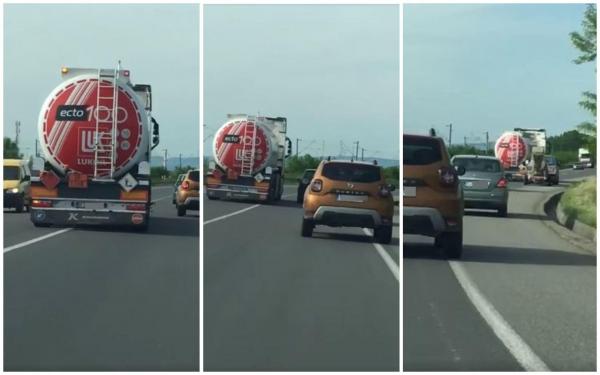 Șoferul unei cisterne face o depășire periculoasă