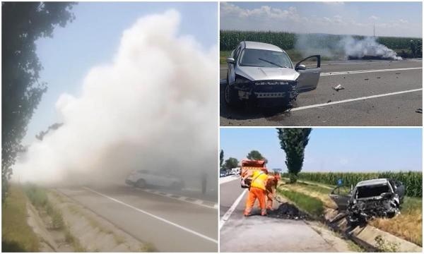 Accident cumplit la Bereşti-Bistriţa, în Bacău. O maşină a luat foc după impact - VIDEO