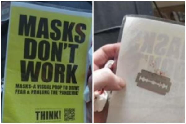 Postere cu mesaje de propagandă anti-vaccin, răspândite în Londra. Pe spatele lor sunt lipite lame ascuţite