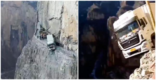 Camionul a rămas suspendat la peste 300 de metri