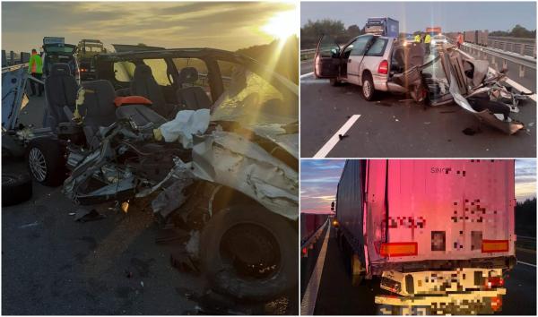 Un şofer s-a născut a doua oară, după ce s-a izbit violent de un camion şi şi-a făcut zob maşina, pe A1