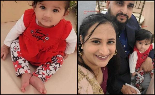 Aroohi Dheri, în vârstă de 8 luni, alături de părinţii Jasdeep Singh şi Jasleen Kaur