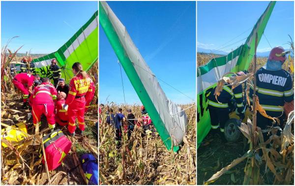 Un motodeltaplan s-a prăbușit într-un lan de porumb la Șelimbăr, în Sibiu. Doi bărbați sunt răniți