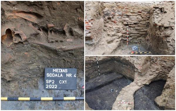Schelet uman găsit în timpul lucrărilor de reabilitare a unei şcoli din Mediaş. Analizele au arătat că ar data din perioada Evului Mediu