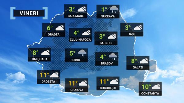 Vremea 25 noiembrie. Va ploua în cea mai mare parte a țării. În sud, temperaturile vor fi mai ridicate decât normalul perioadei