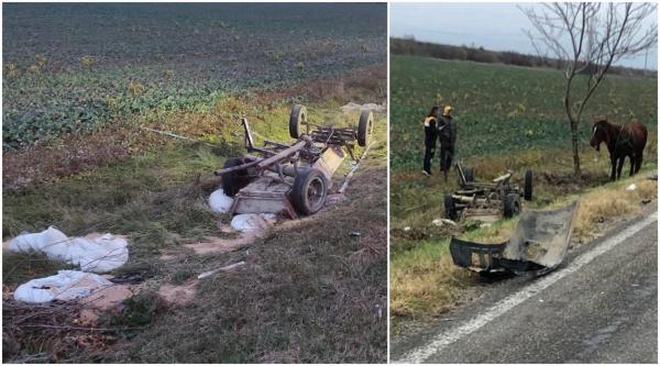 Căruță nesemnlizată, spulberată de microbuz pe un drum din Neamț. Căruțașul de 37 de ani era băut