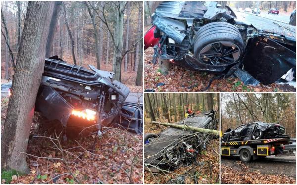 Noul supercar Audi RS e-tron GT, făcut praf în timpul unui drive test. Bolidul a rupt un copac și s-a răsturnat într-o pădure din Polonia