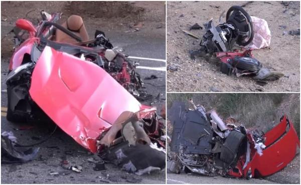 Ferrari rupt în două, după ce șoferul ar fi accelerat ca să nu fie depășit de o Tesla. Imagini de coșmar pe un drum din California
