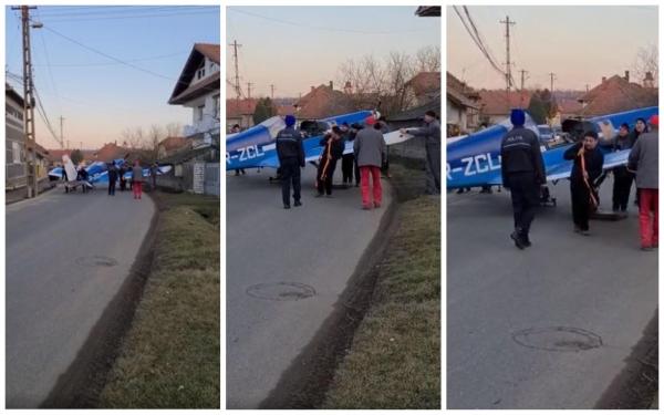 Avion de antrenament, tras cu funia pe șosea după o aterizare forțată pe un câmp din Hunedoara