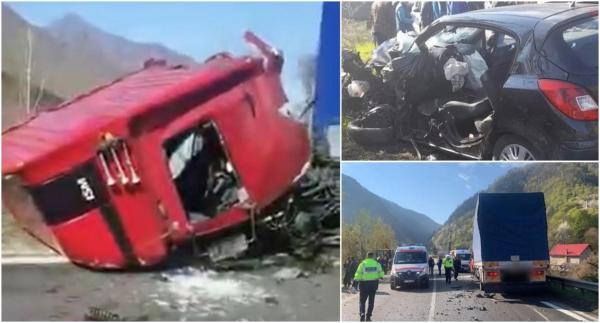 Imagini de coșmar pe Valea Oltului, după ce un Opel Corsa s-a înfipt într-un TIR la Brezoi