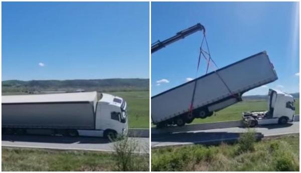 Un TIR a rămas blocat pe parapetul despărţitor, pe un drum din Gorj.