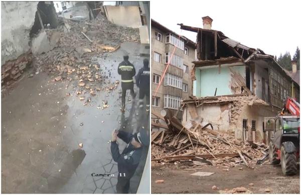 Peretele unei clădiri din Vatra Dornei s-a prăbuşit din senin, în plină stradă. De câţiva ani, construcţia era într-o stare deplorabilă