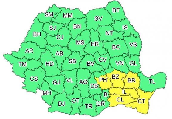 Cod galben de ploi torențiale, grindină și vijelii în şase judeţe