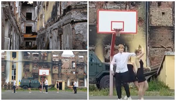 Absolvenţii unui liceu din Harkov, filmaţi în timp ce dansează în faţa clădirii bombardate