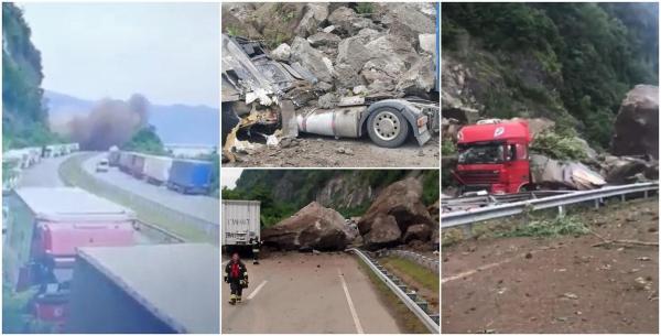 TIR-uri strivite de stânci, în Turcia. Momentul în care bolovanii imenși se prăbușesc peste camioane, după o alunecare masivă de teren