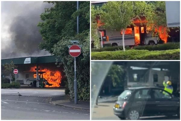 Rulotă mistuită de flăcări, în benzinărie. Turiştii ghinionişti urmau să-şi petreacă vacanţa într-un camping din Anglia