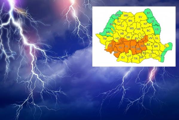 METEO. Cod portocaliu și galben de ploi și vijelii, prelungit până miercuri la ora 10. Caniculă în sud-estul țării