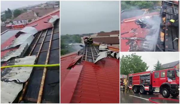 Acoperişul unei policlinici din Arad a luat foc, după ce a fost lovit de fulger