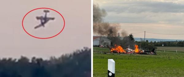 Momentul în care două avioane de acrobaţie se ciocnesc în aer, în Germania. Ambii piloţi, cu sute de ore de zbor la activ, au murit