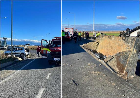 Accident în "Intersecţia Morţii" din Sibiu. O victimă în stare gravă, după ce un buldoexcavator a acroşat o mașină care ieșea de pe Autostradă
