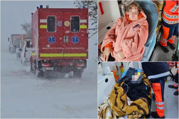 Din cauza viscolului, o tânără de 19 ani însărcinată şi o bătrânică de 80 de ani au fost preluate cu şenila pentru a ajunge la spital, în Constanţa