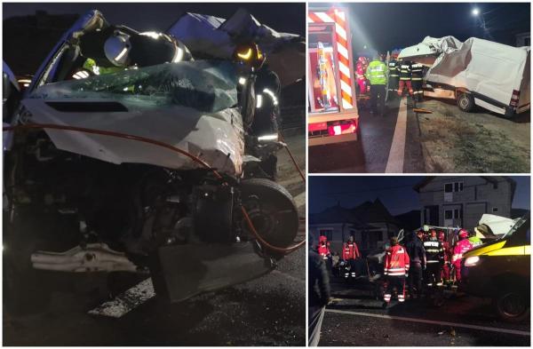 Accident de groază între o dubă şi un TIR, pe DN 7 în Bujoreni. Unul dintre şoferi, găsit mort, prins între fiarele contorsionate