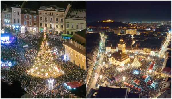 Puhoi de oameni la aprinderea luminiţelor de sărbători din Braşov şi deschiderea Târgului de Crăciun. Piaţa Sfatului, umplută până la refuz