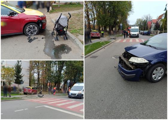 Un bebeluş în cărucior şi mama sa au fost răniţi, după ce două maşini s-au ciocnit şi au ricoşat pe trotuar, în Rădăuţi