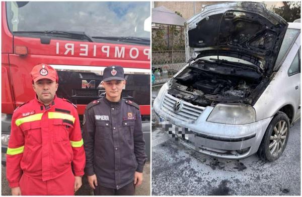 Eroi în timpul liber. Incendiu izbucnit la un autoturism, stins de doi pompieri care mergeau spre muncă şi au văzut flăcările