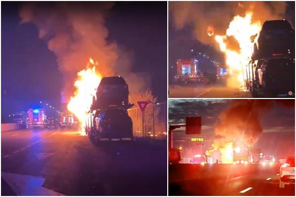O platformă auto a ars ca o torţă pe DN1, în Prahova. Focul a distrus 4 maşini şi a izbucnit în timp ce şoferul se odihnea