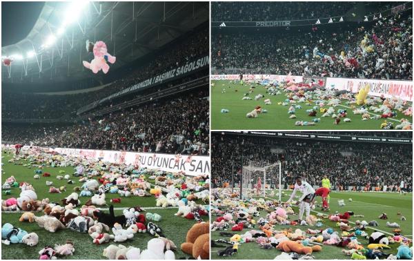 A plouat cu mii de jucării de pluș pentru copiii afectați de cutremurul din Turcia. Gest emoționant în timpul partidei dintre Besiktas și Antalyaspor