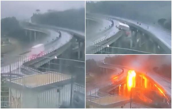Momentul în care un TIR spulberă balustrada, ia foc și se prăbușește cuprins de flăcări de pe viaduct. Tragedie filmată la Calenzano, în Florența