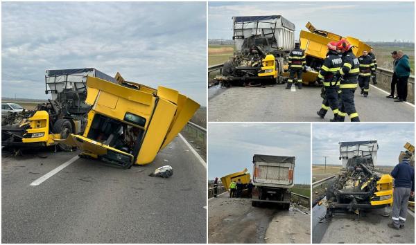 TIR dezmembrat pe un drum din Brăila, după un carambol cu un alt camion și o mașină. Cabina s-a rupt de pe șasiu