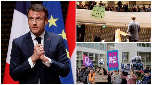 Macron, întrerupt de proteste împotriva reformei pensiilor în timpul vizitei în Olanda: "Preşedintele violenţei şi ipocriziei".