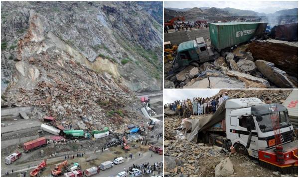 Zeci de TIR-uri strivite, îngropate de o alunecare masivă de teren. Bucăți de stâncă s-au prăbușit peste camioane, la granița dintre Pakistan și Afganistan