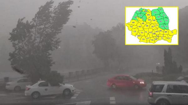 31 de județe și Capitala intră de la 12.00 sub cod galben de vreme severă. Ploi, grindină și vijelii în aproape toată țara