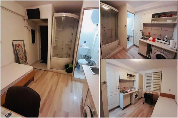 Cum arată garsoniera de 11 mp, închiriată cu 170 de euro, în Cluj. Duşul, bucătăria şi dormitorul, în aceeaşi cameră