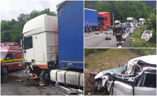 Mașină spulberată de TIR, pe Valea Oltului. Traficul a fost blocat total, pe ambele sensuri de mers